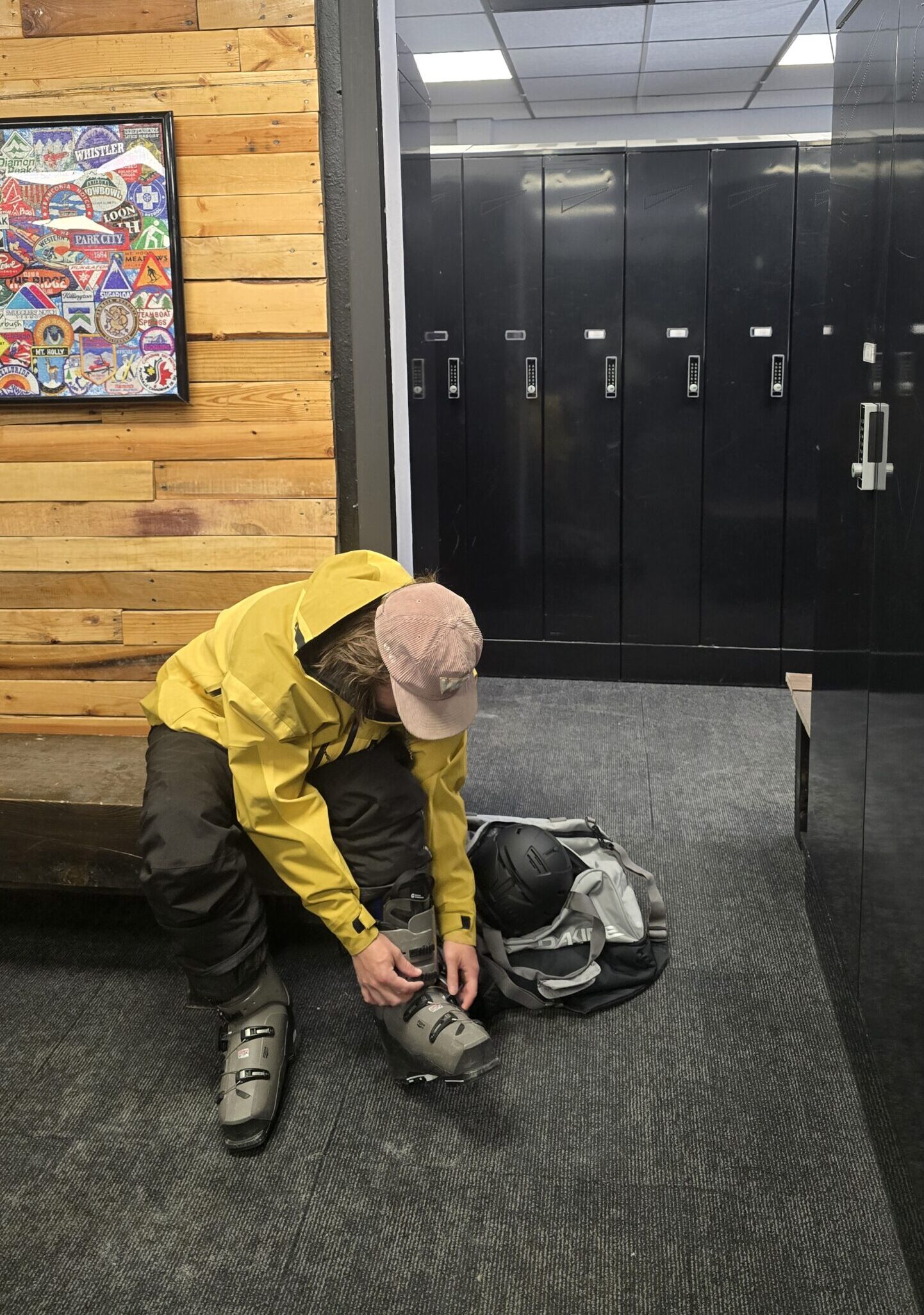 Private seasonal ski locker room with benches and gear storage at the base of Park City Mountain Resort.